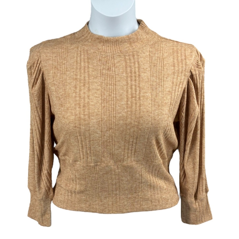 Band of the Free Camel Ribbed‎ Puff Sleeve Mock Neck Knit Top Sweater NWT L